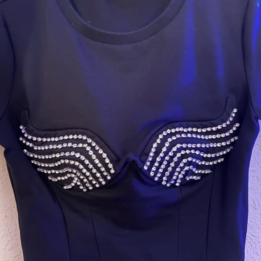 AREA Blue Embellished Bustier Short Sleeve Top